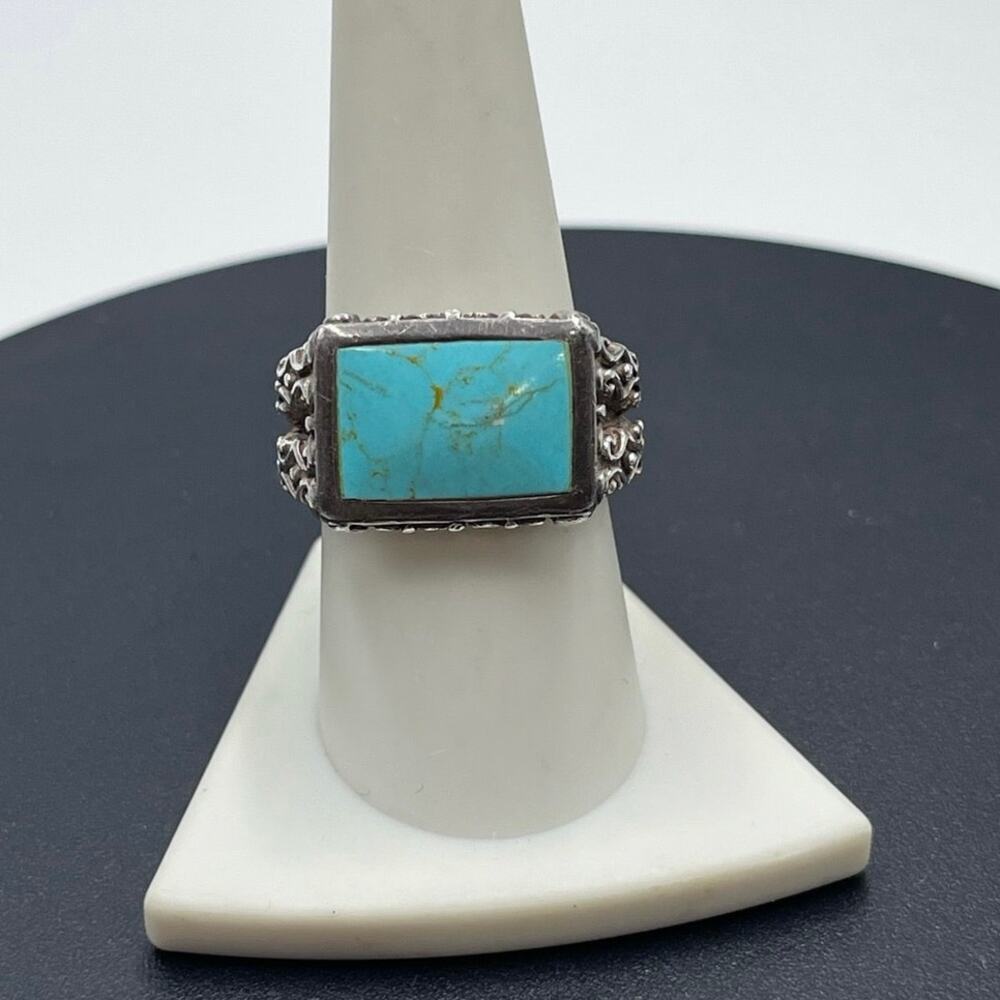 CFJ Signed Ornate Sterling Silver Vintage Inlay Turquoise Ring Sz 9.75